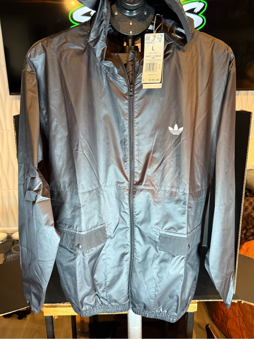 Adidas Men's Black Hooded Windbreaker Jacket size L